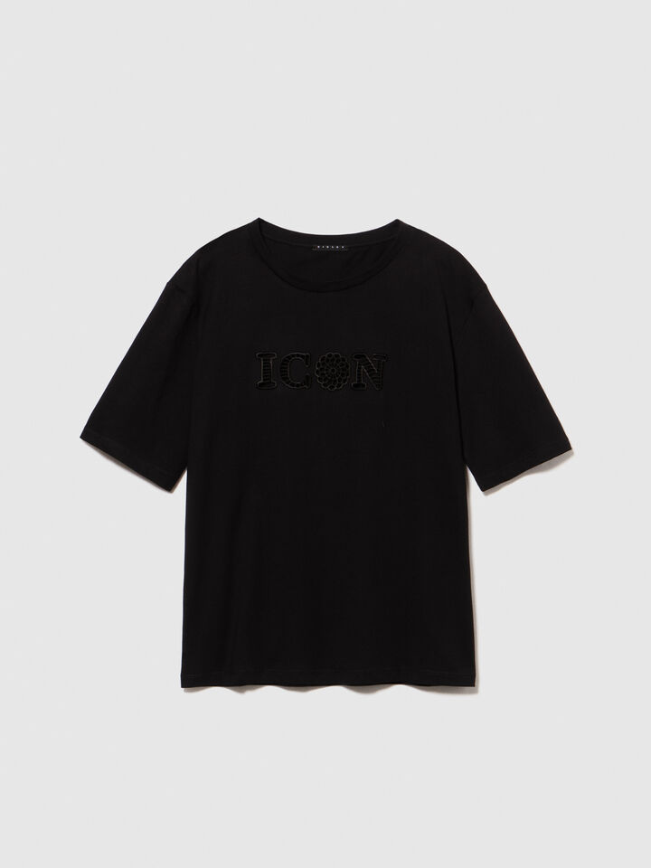 T-shirt with embroidery - women's short sleeve t-shirts - Black | Sisley image number 6
